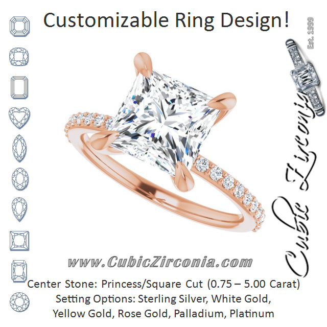 Cubic Zirconia Engagement Ring- The Geraldine Lea (Customizable Princess/Square Cut Style with Delicate Pavé Band)