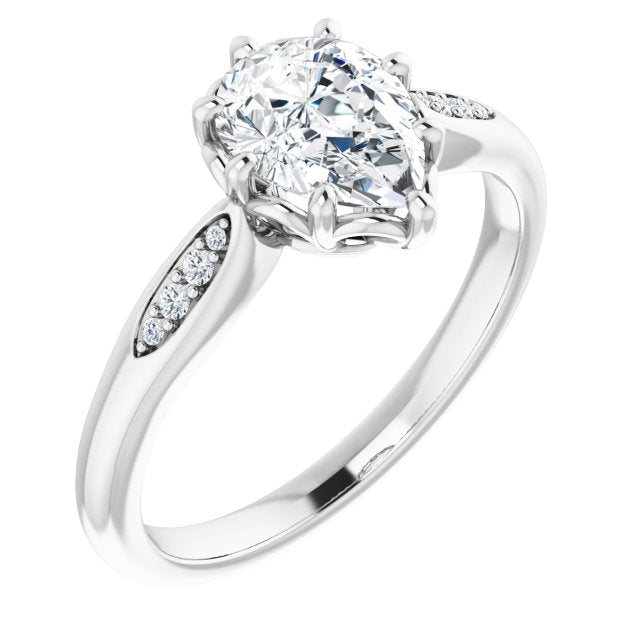 10K White Gold Customizable 9-stone Pear Cut Design with 8-prong Decorative Basket & Round Cut Side Stones