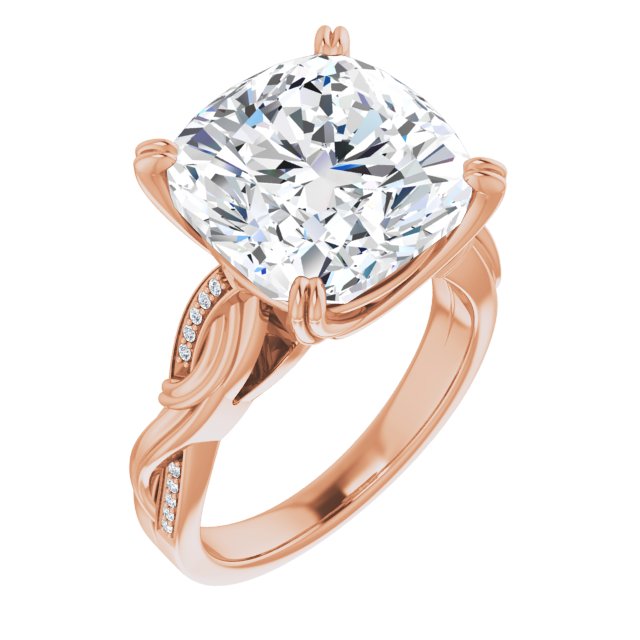 10K Rose Gold Customizable Cathedral-raised Cushion Cut Design featuring Rope-Braided Half-Pavé Band