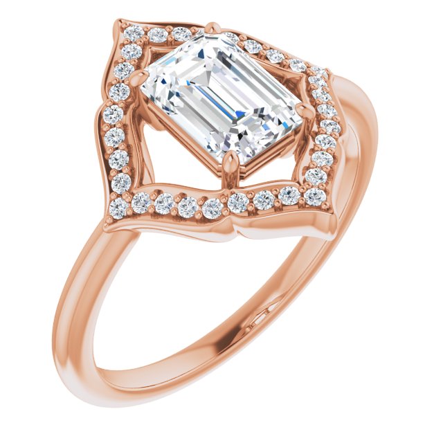 10K Rose Gold Customizable Emerald/Radiant Cut Style with Artistic Equilateral Halo and Ultra-thin Band