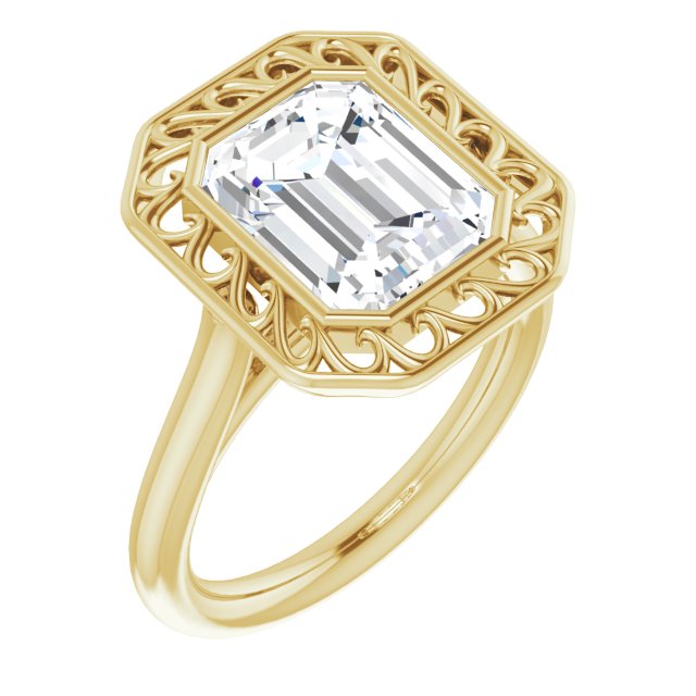 10K Yellow Gold Customizable Cathedral-Bezel Style Emerald/Radiant Cut Solitaire with Flowery Filigree