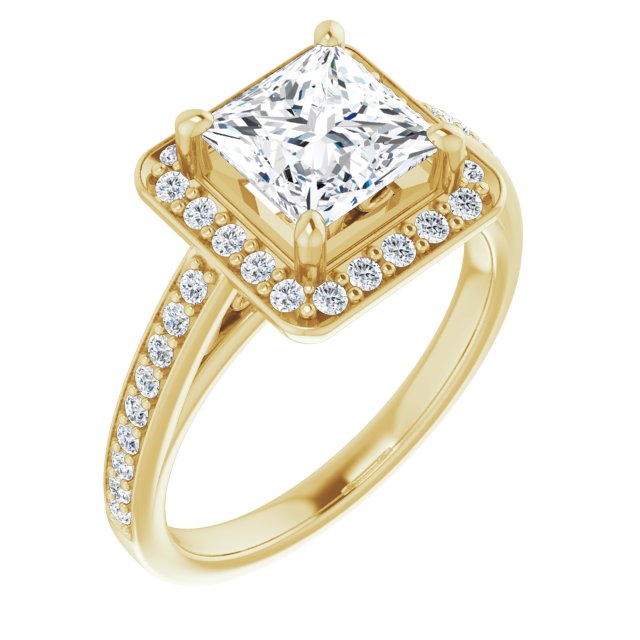 10K Yellow Gold Customizable Princess/Square Cut Style with Halo and Sculptural Trellis