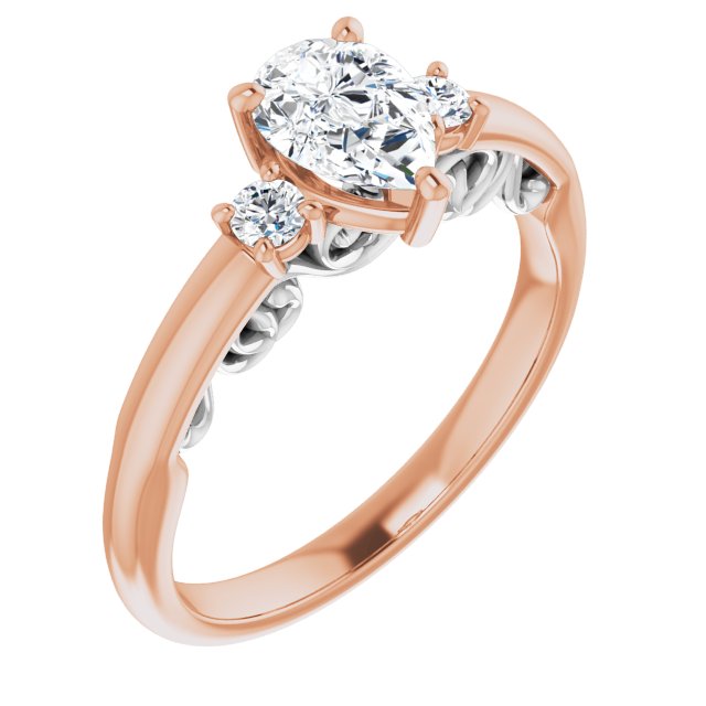 14K Rose & White Gold Customizable Pear Cut 3-stone Style featuring Heart-Motif Band Enhancement
