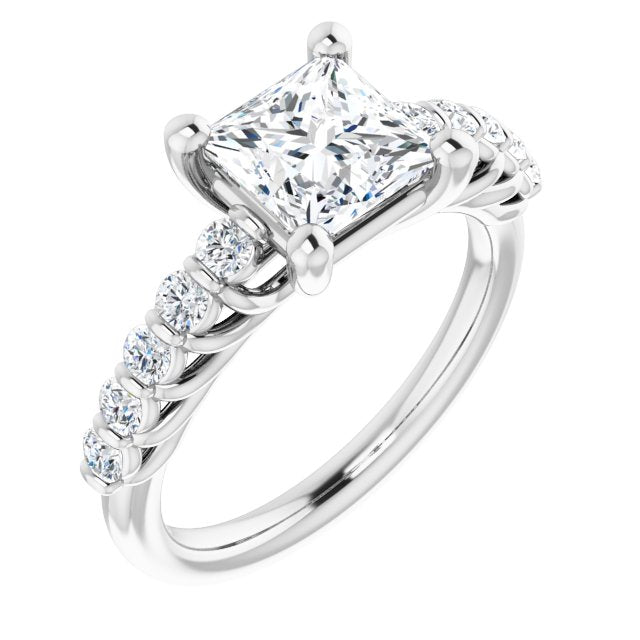 10K White Gold Customizable Princess/Square Cut Style with Round Bar-set Accents