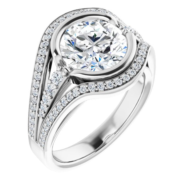 10K White Gold Customizable Cathedral-Bezel Round Cut Design with Wide Triple-Split-Pavé Band