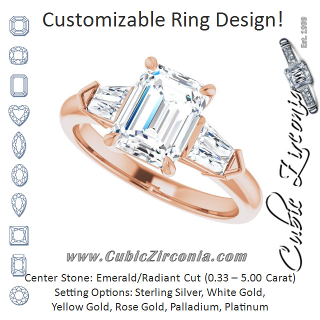 Cubic Zirconia Engagement Ring- The Fortunada (Customizable 5-stone Design with Radiant Cut Center and Quad Baguettes)