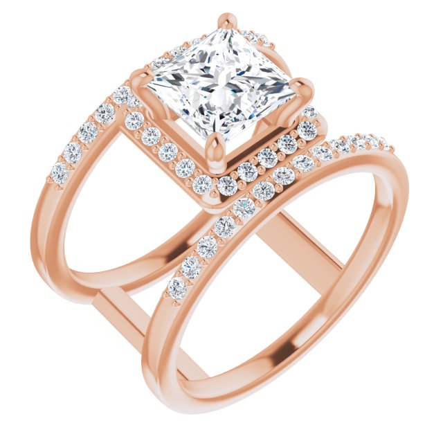 10K Rose Gold Customizable Princess/Square Cut Halo Design with Open, Ultrawide Harness Double Pavé Band