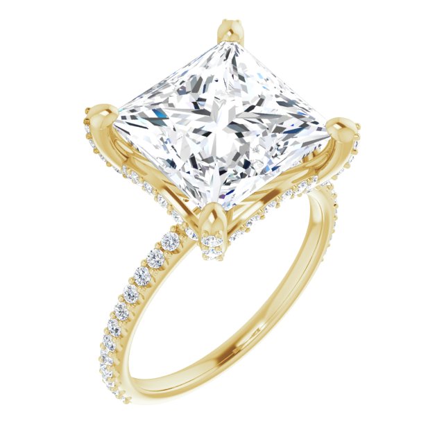 10K Yellow Gold Customizable Princess/Square Cut Design with Round-Accented Band, Micropav? Under-Halo and Decorative Prong Accents)