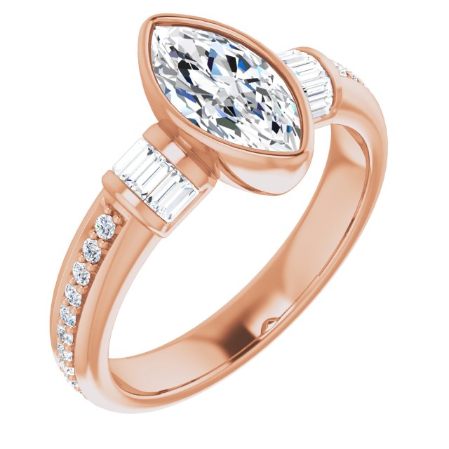 10K Rose Gold Customizable Cathedral-Bezel Marquise Cut Style with Horizontal Baguettes & Shared Prong Band