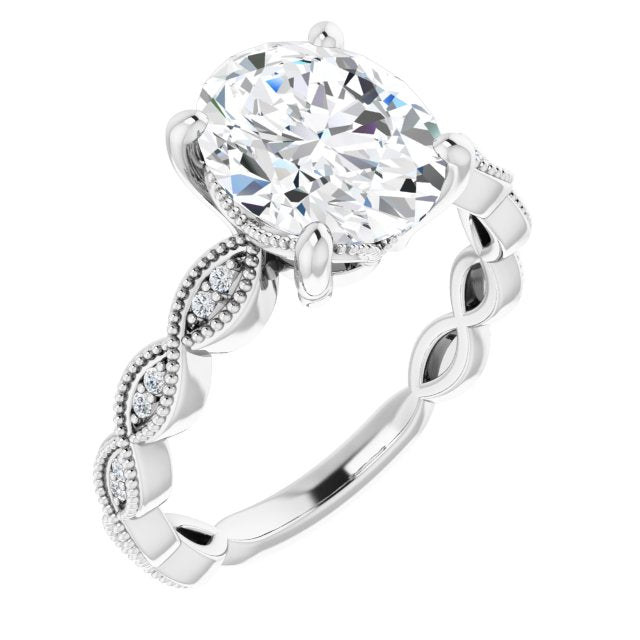 10K White Gold Customizable Oval Cut Artisan Design with Scalloped, Round-Accented Band and Milgrain Detail
