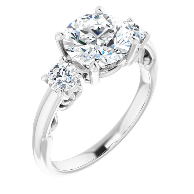 14K White Gold Customizable Round Cut 3-stone Style featuring Heart-Motif Band Enhancement