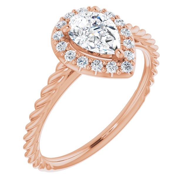 10K Rose Gold Customizable Cathedral-set Pear Cut Design with Halo and Twisty Rope Band
