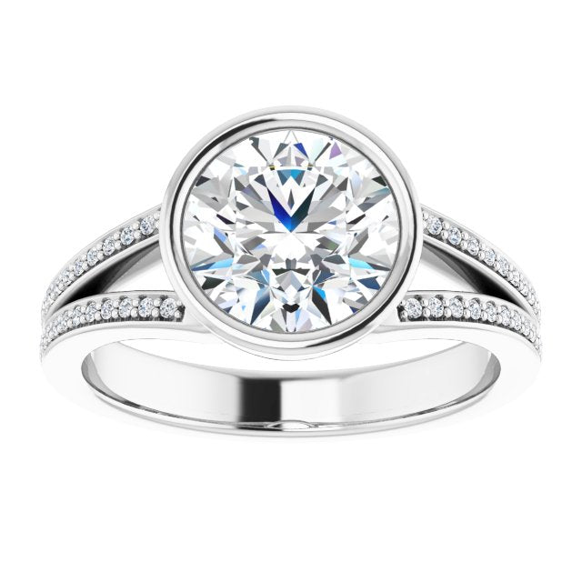Cubic Zirconia Engagement Ring- The Jenni Lou (Customizable Bezel-set Round Cut Design with Split Shared Prong Band)