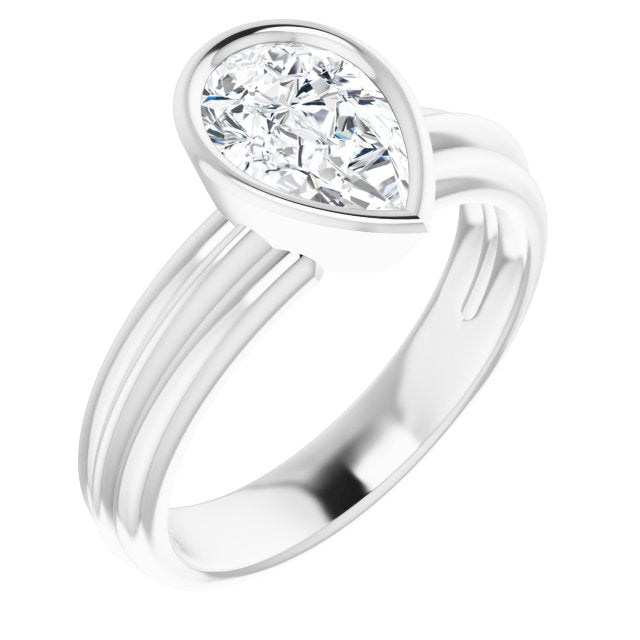 10K White Gold Customizable Bezel-set Pear Cut Solitaire with Grooved Band