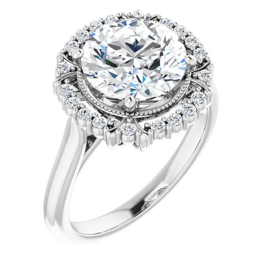 10K White Gold Customizable Round Cut Design with Majestic Crown Halo and Raised Illusion Setting