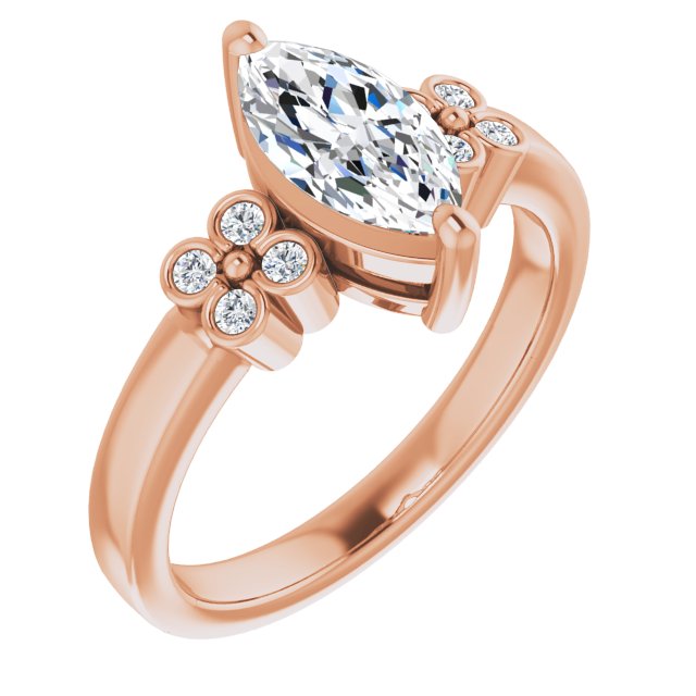10K Rose Gold Customizable 9-stone Design with Marquise Cut Center and Complementary Quad Bezel-Accent Sets