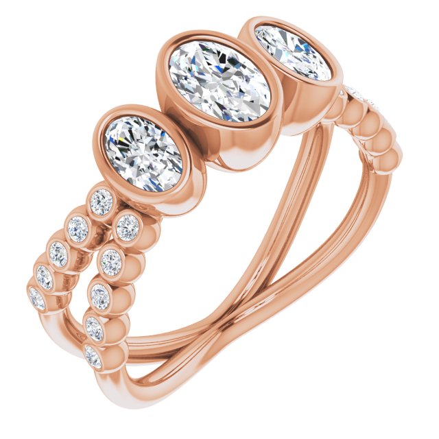 10K Rose Gold Customizable Bezel-set Oval Cut Design with Dual Bezel-Oval Accents and Round-Bezel Accented Split Band