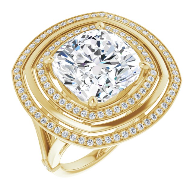 10K Yellow Gold Customizable Cushion Cut Oversized 2x Halo Style with Knuckle Accented Split Band