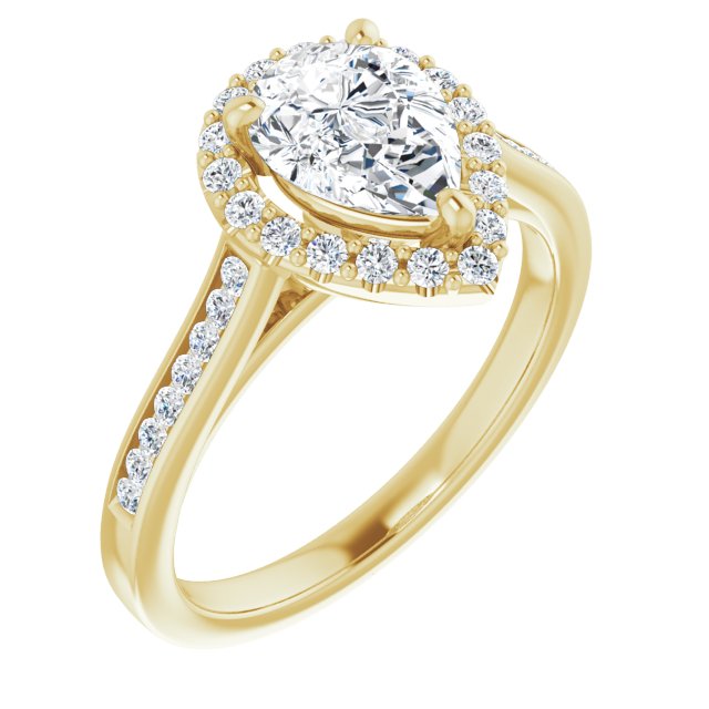 10K Yellow Gold Customizable Pear Cut Design with Halo, Round Channel Band and Floating Peekaboo Accents