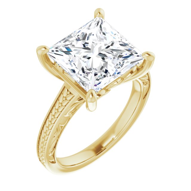 10K Yellow Gold Customizable Princess/Square Cut Solitaire with Organic Textured Band and Decorative Prong Basket