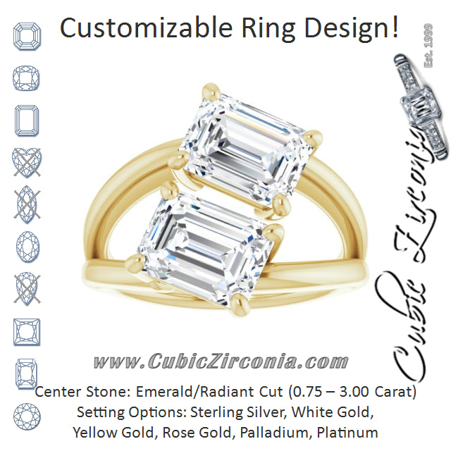 Cubic Zirconia Engagement Ring- The Melaine (Customizable Two Stone Double Emerald Cut Design with Split Bypass Band)
