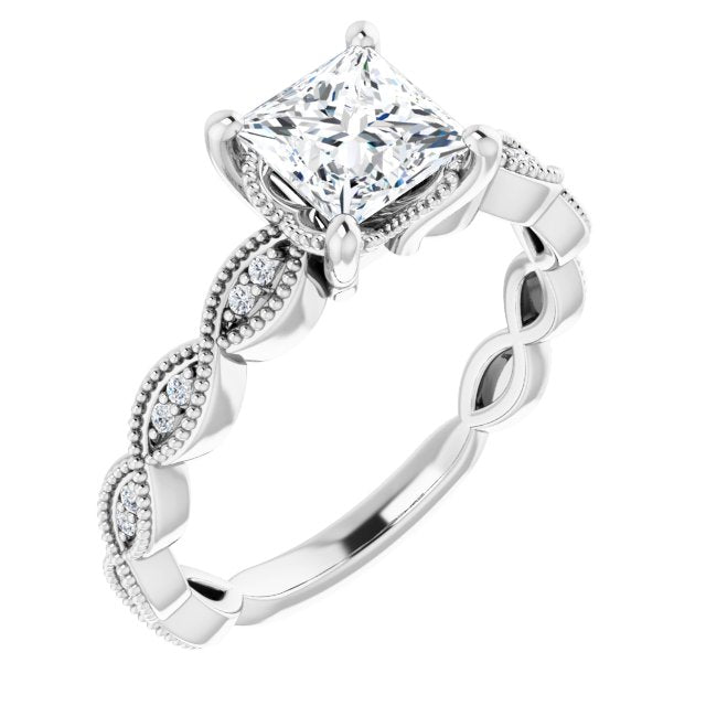 10K White Gold Customizable Princess/Square Cut Artisan Design with Scalloped, Round-Accented Band and Milgrain Detail
