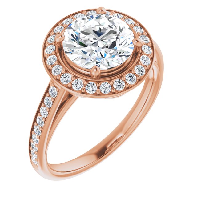 14K Rose Gold Customizable Cathedral-raised Round Cut Halo-and-Accented Band Design