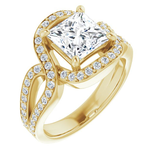 10K Yellow Gold Customizable Princess/Square Cut Center with Infinity-inspired Split Shared Prong Band and Bypass Halo