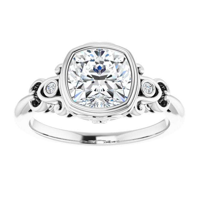 Cubic Zirconia Engagement Ring- The Viridiana (Customizable 5-stone Design with Cushion Cut Center and Quad Round-Bezel Accents)