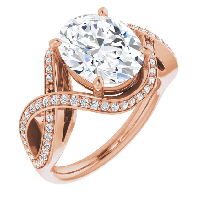 10K Rose Gold Customizable Oval Cut Design with Twisting, Infinity-Shared Prong Split Band and Bypass Semi-Halo
