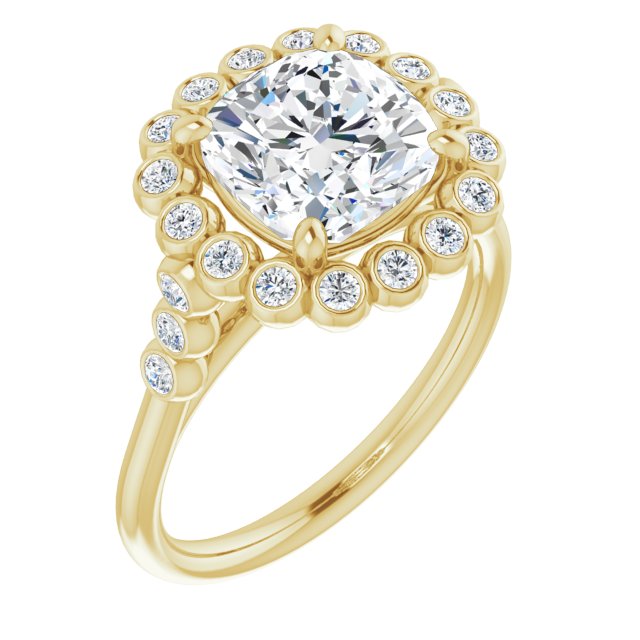 10K Yellow Gold Customizable Cushion Cut Cathedral-Style Clustered Halo Design with Round Bezel Accents