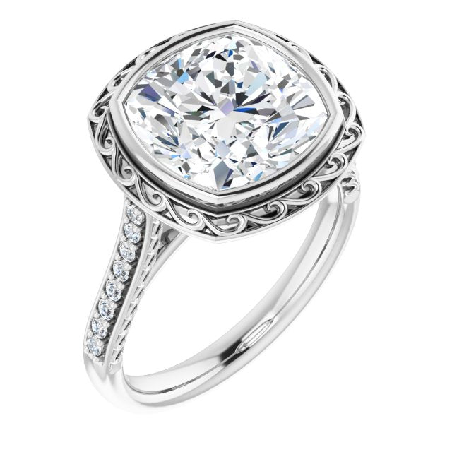 10K White Gold Customizable Cathedral-Bezel Cushion Cut Design featuring Accented Band with Filigree Inlay