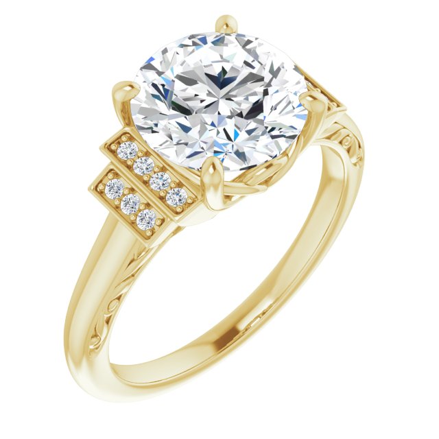 18K Yellow Gold Customizable Engraved Design with Round Cut Center and Perpendicular Band Accents