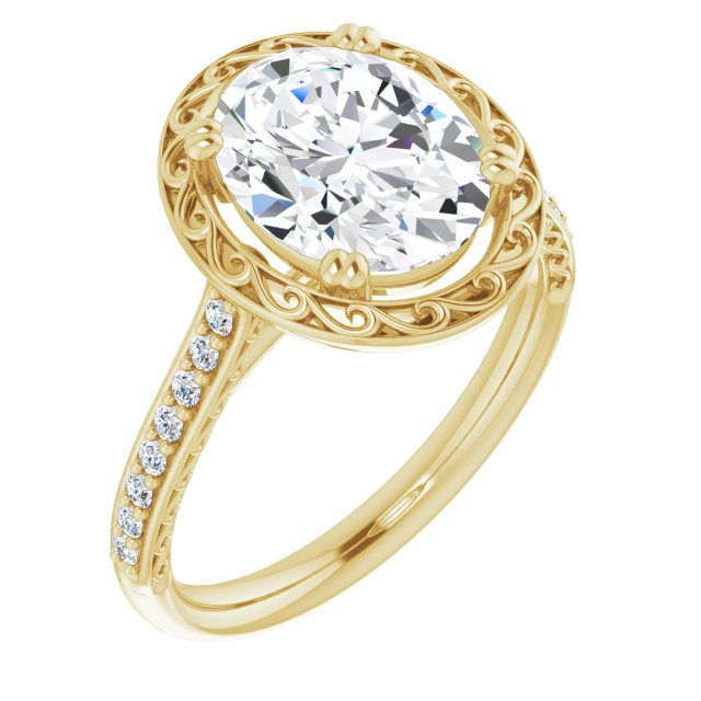 10K Yellow Gold Customizable Oval Cut Halo Design with Filigree and Accented Band