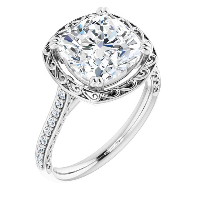 10K White Gold Customizable Cushion Cut Halo Design with Filigree and Accented Band