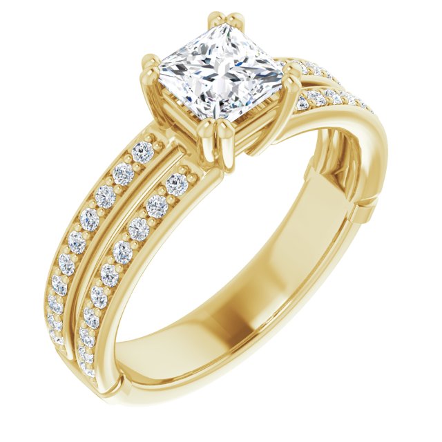 14K Yellow Gold Customizable Princess/Square Cut Design featuring Split Band with Accents