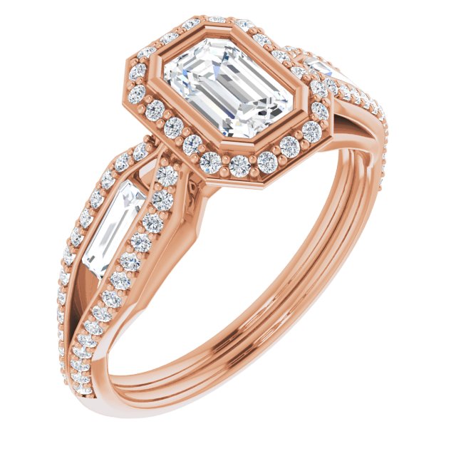 10K Rose Gold Customizable Cathedral-Bezel Emerald/Radiant Cut Design with Halo, Split-Pavé Band & Channel Baguettes