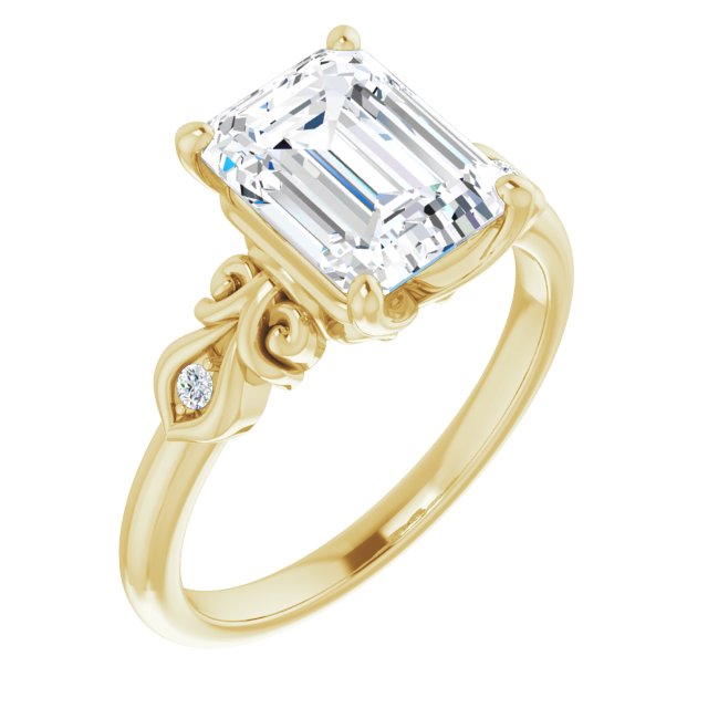 10K Yellow Gold Customizable 3-stone Emerald/Radiant Cut Design with Small Round Accents and Filigree