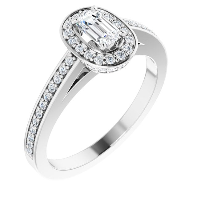 10K White Gold Customizable Cathedral-set Emerald/Radiant Cut Design with Halo, Thin Pavé Band & Round-Bezel Peekaboos