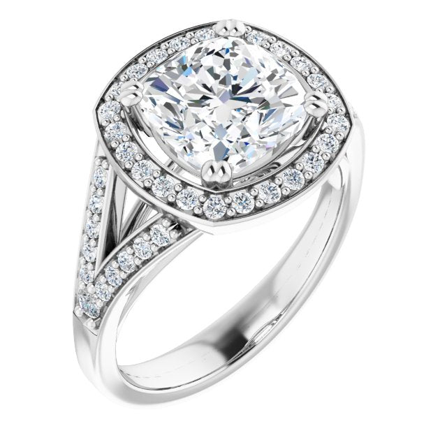 10K White Gold Customizable Cathedral-set Cushion Cut Style with Accented Split Band and Halo