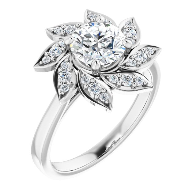 10K White Gold Customizable Round Cut Design with Artisan Floral Halo