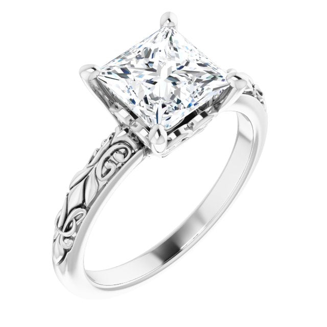 10K White Gold Customizable Princess/Square Cut Solitaire featuring Delicate Metal Scrollwork