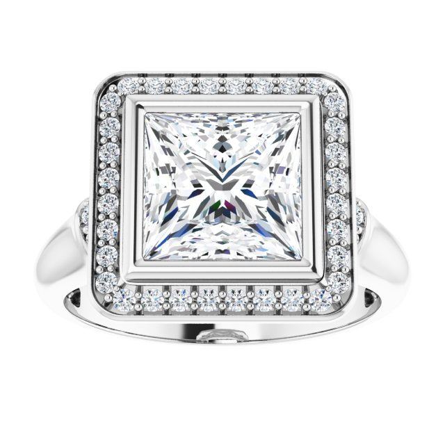 Cubic Zirconia Engagement Ring- The Vilde (Customizable Bezel-set Princess/Square Cut Design with Halo and Vertical Round Channel Accents)