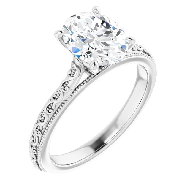 10K White Gold Customizable Oval Cut Solitaire with Delicate Milgrain Filigree Band