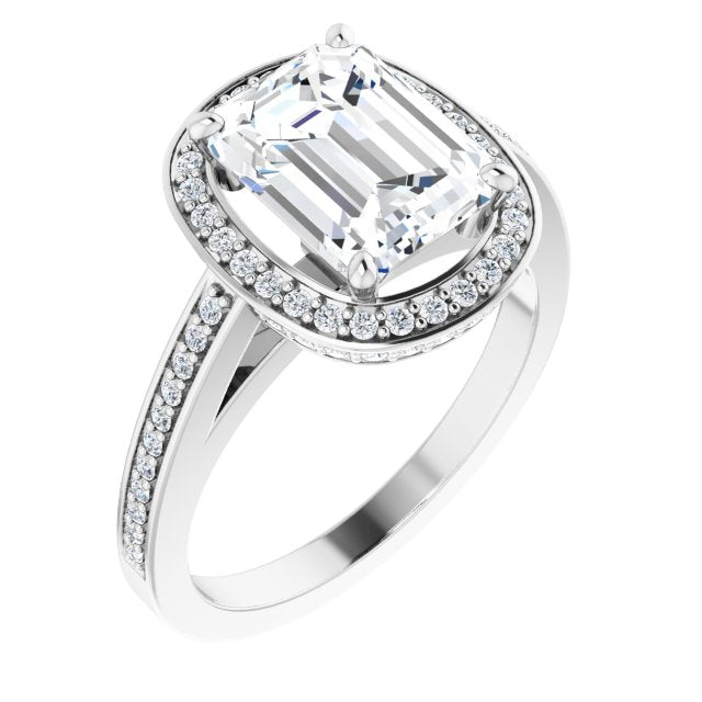 10K White Gold Customizable Cathedral-set Emerald/Radiant Cut Design with Halo, Thin Pavé Band & Round-Bezel Peekaboos