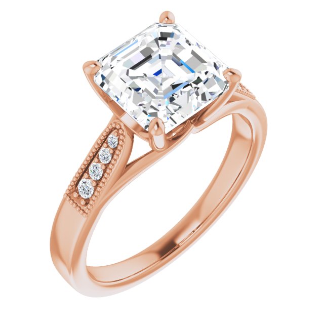 10K Rose Gold Customizable 9-stone Vintage Design with Asscher Cut Center and Round Band Accents