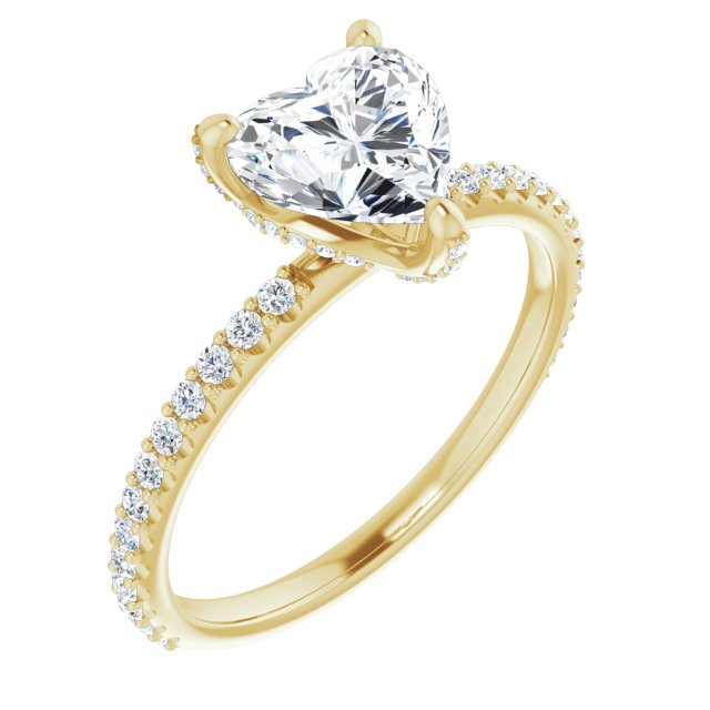 10K Yellow Gold Customizable Heart Cut Design with Round-Accented Band, Micropav? Under-Halo and Decorative Prong Accents)