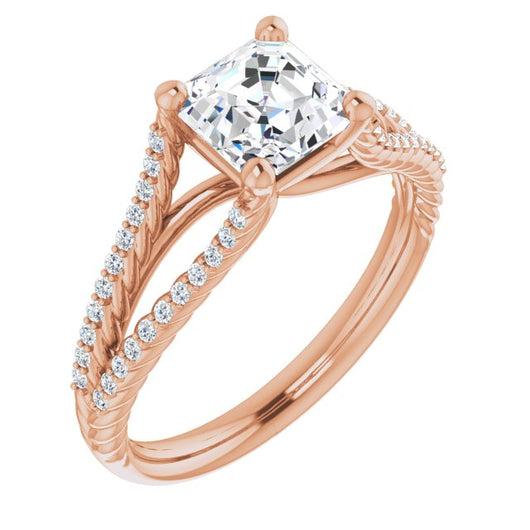10K Rose Gold Customizable Asscher Cut Style with Split Band and Rope-Pavé