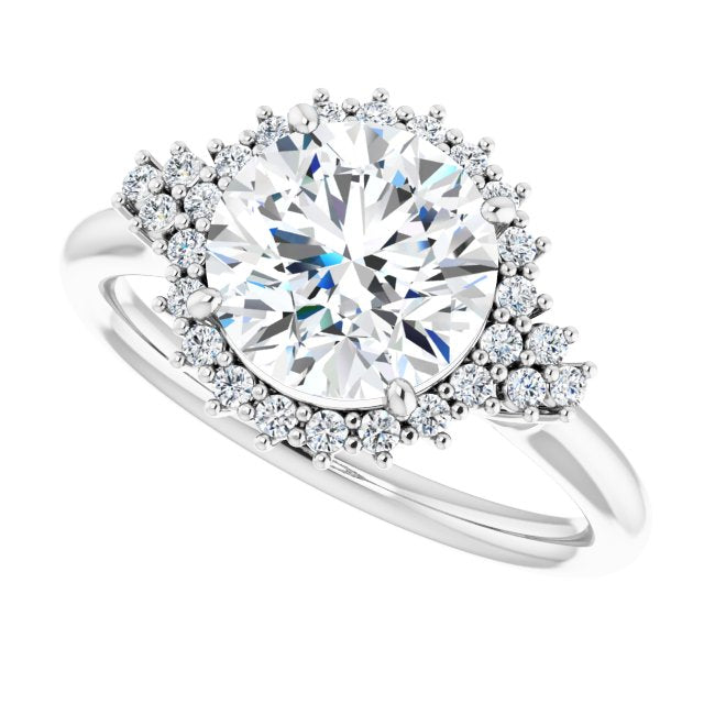 Cubic Zirconia Engagement Ring- The Winter (Customizable Round Cut Cathedral-Halo Design with Tri-Cluster Round Accents)