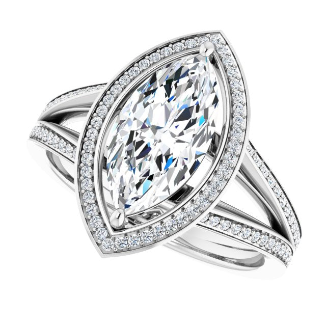 Cubic Zirconia Engagement Ring- The Carrie (Customizable Marquise Cut Design with Split-Band Shared Prong & Halo)